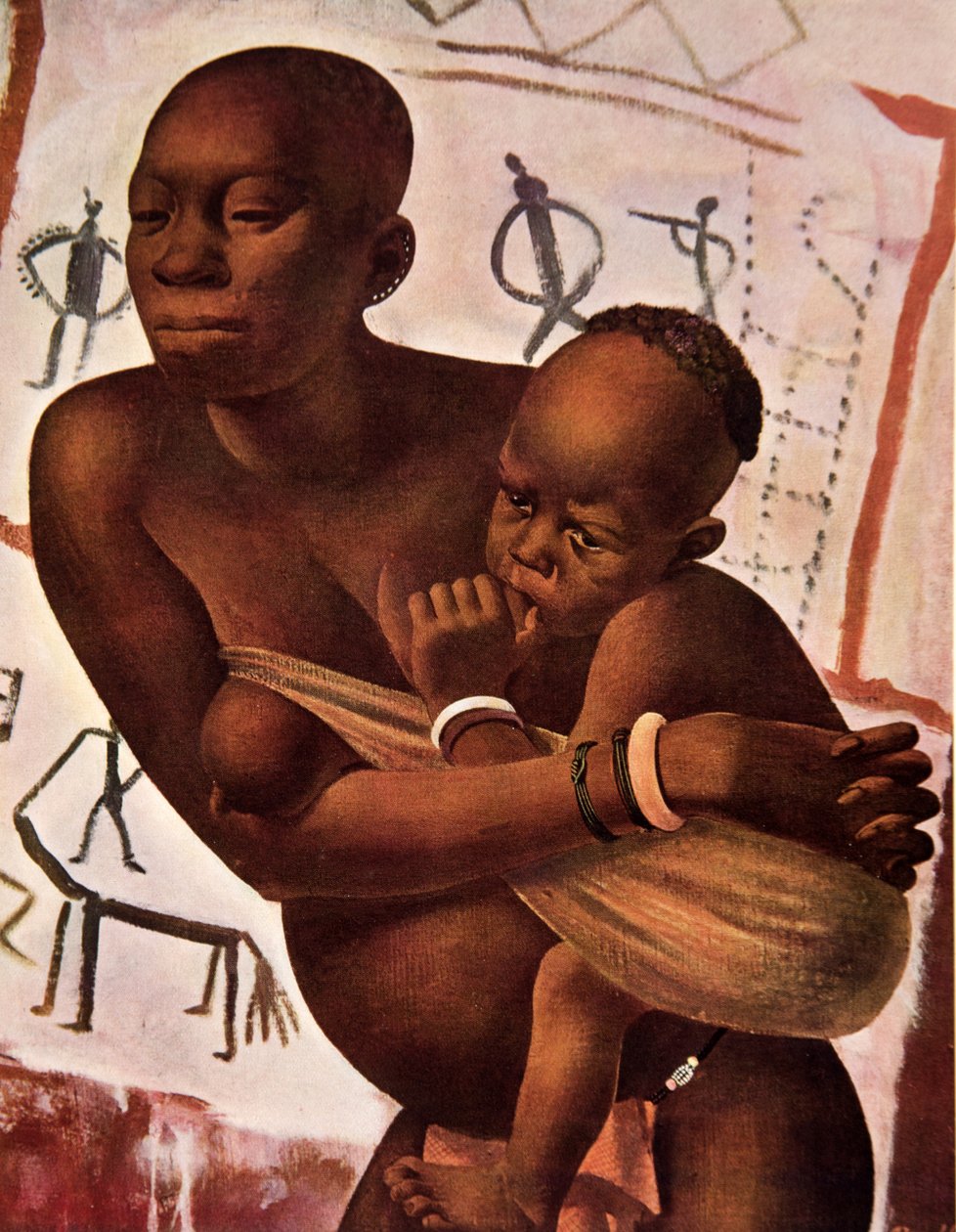 Banda Woman with her Child, från Drawings and Paintings of Africa, avrättad under Citroen Center Africa-expeditionen, andra Haardt Audouin-Dubreuil-uppdraget, pub. Paris, 1927 av Alexander Yakovlev
