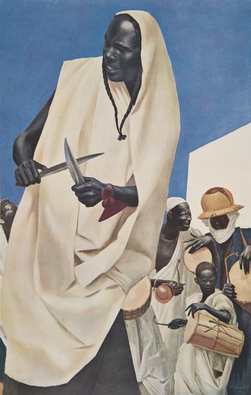 Kuli-Kuta-dansen (Niamey) Parody of the Ancient Human Sacrifices of Dahomey), från Drawings and Paintings of Africa, utförd under Citroen Center Africa-expeditionen, andra Haardt-uppdraget av Alexander Yakovlev