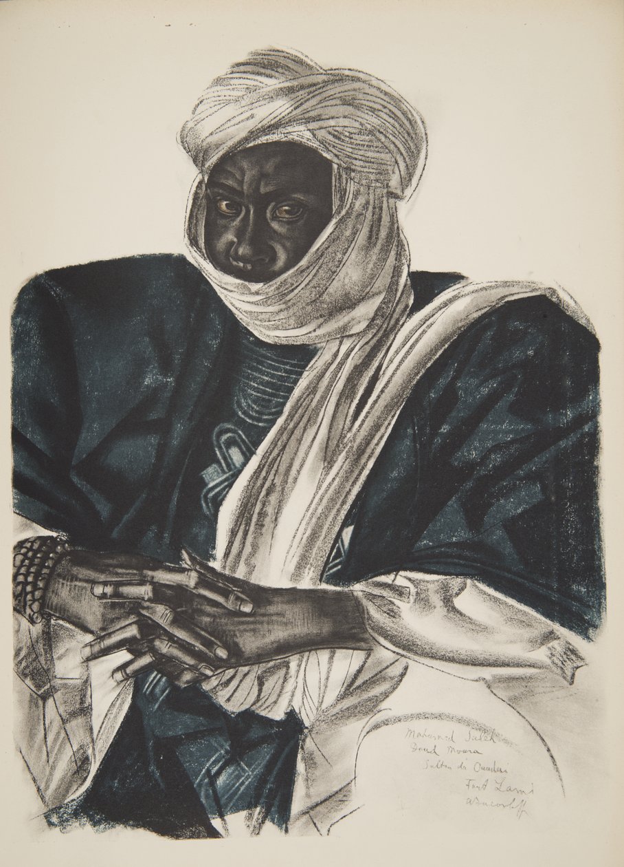 Mohamed Salek, känd som Doud Moura, Sultan av Ouadai (Fort Lamy), från Drawings and Paintings of Africa, avrättad under Citroen Center Africa-expeditionen, andra Haardt Audouin-Dubreuil-uppdraget, pub. av Alexander Yakovlev