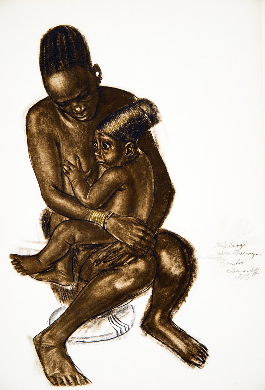 Nafarangui, hustru till Eki Bondo med sitt barn (Bondo) Haut Ouelle, från Drawings and Paintings of Africa, avrättad under Citroen Center Africa-expeditionen, andra Haardt Audouin-Dubreuil-uppdraget, av Alexander Yakovlev