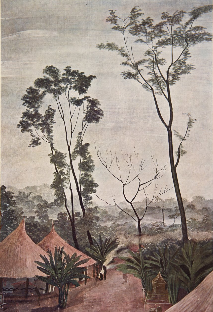 En by i Loubangui - Chari, från Drawings and Paintings of Africa, avrättad under Citroen Center Africa-expeditionen, andra Haardt Audouin-Dubreuil-uppdraget, pub. Paris, 1927 (färg litho av Alexander Yakovlev