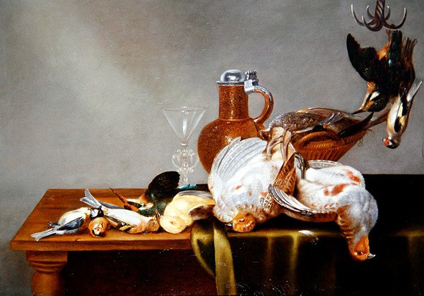 A Still Life of Dead Game med rapphöns och andra fåglar (olja på panel) av Alexander van Adriaenssen