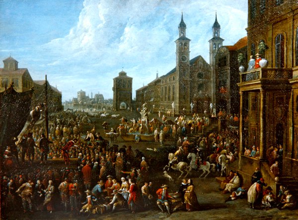 En marknadsscen med gatuartister och andra figurer (olja på duk) av Alexander van Bredael
