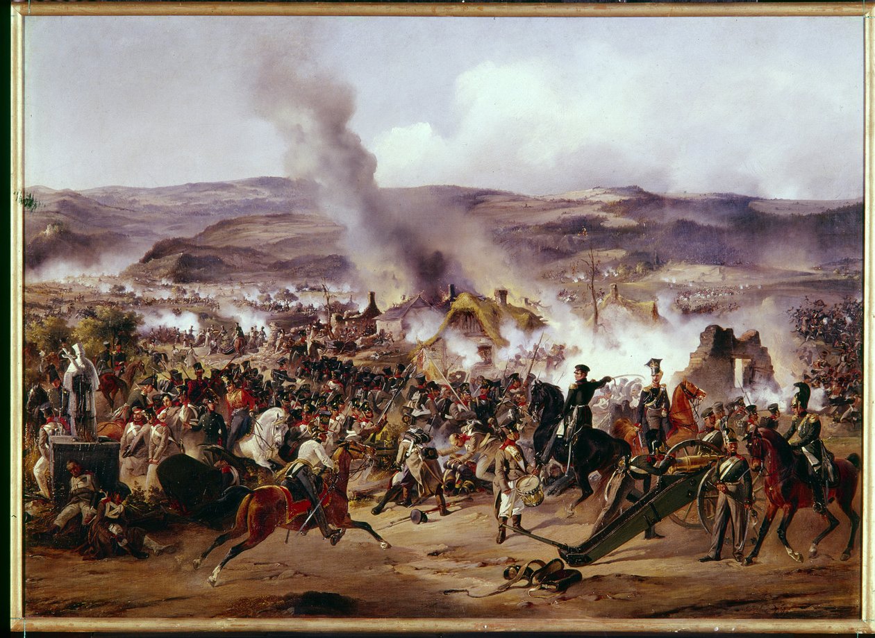 Napoleonkrigen: Slaget vid Kulm (nuvarande Chlumec) i Böhmen (Tjeckien) den 30/08/1813 mot den franska armén mot en koalition av preussiska, österrikiska och ryska trupper, under det tyska fälttåget. Målning av Alexander av Alexander von Kotzebue