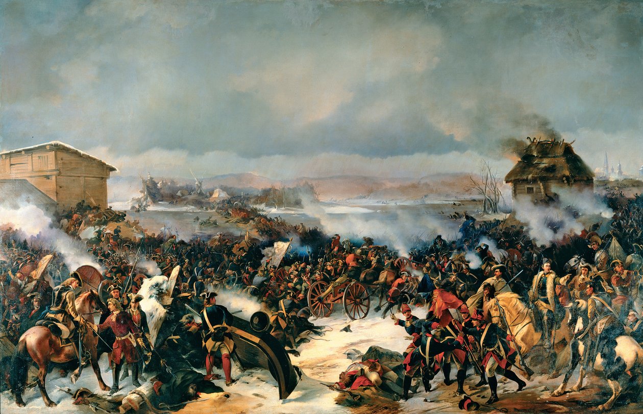 Slaget vid Narva, 19 november 1700. Avsnitt av det stora norra kriget (1700-1721) mellan Sverige och alla baltiska länder, Danmark, Polen och Ryssland. Målning av Alexander (Alexander) von Kotzebue (1815-1889), olja på duk av Alexander von Kotzebue