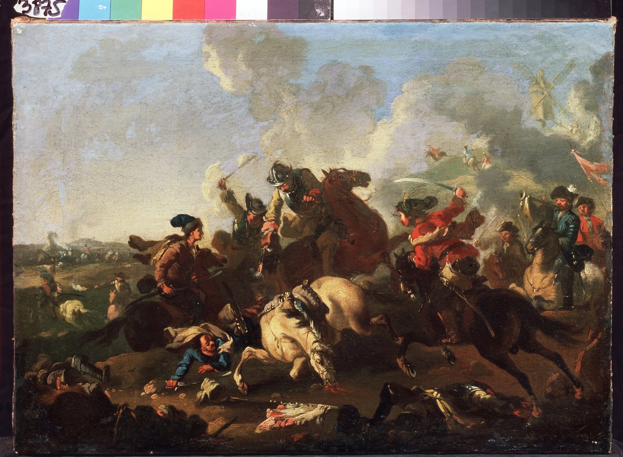 Scen från slaget vid Poltava (eller Pultawa, Ukraina) (Scen från slaget vid Poltava). Slaget som ägde rum den 8 juli 1709 mellan Peter I av Rysslands armé (känd som Le Grand av Alexander von Kotzebue