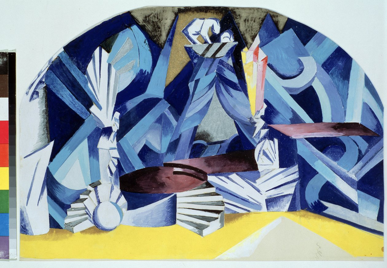 Julias rum. Scenografi för pjäsen Romeo och Julia av William Shakespeare (1564-1616) (Dräktdesign för teaterpjäsen Romeo och Julia av W.Shakespeare). Verk av Alexandra Alexandrovna Exter (1882-1949), gouache på kartong av Alexandra Alexandrowna Exter