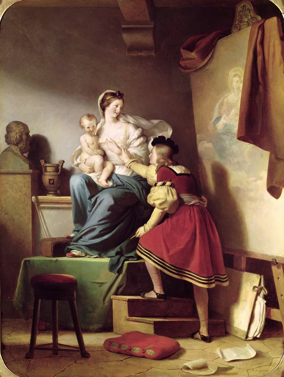 Raphael justerar sin modells ställning för sin målning av jungfrun och barnet av Alexandre Evariste Fragonard