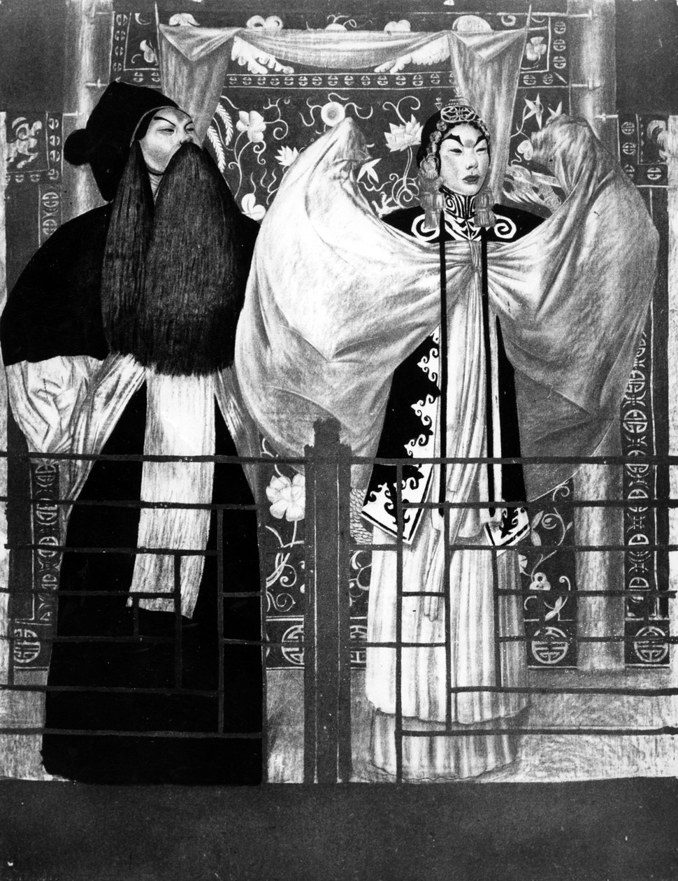 Scen från pjäsen Nan tien men, illustration från Le Théatre Chinois av Tchou-Kia-Kien, publicerad i Paris 1922 litho av Alexandre Jacovleff