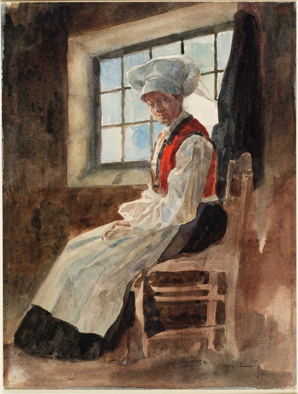 Skandinavisk bondkvinna i ett interiör, ca 1906 (wc med grafit på kort) av Alexandre Lunois