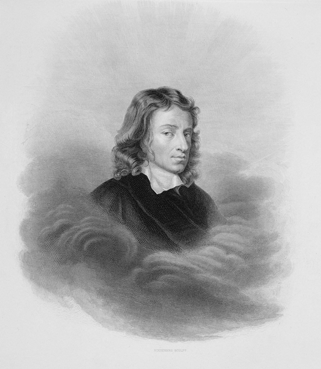 Porträtt av John Milton (1608-74) graverat av konstnären av Alexandre Vincent Sixdeniers