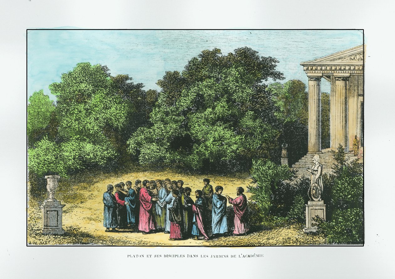 Platon (c.427-c.348 f.Kr.) och hans lärjungar i akademins trädgård, från "La vie des Savants Illustres" av Louis Figuier, graverad av Laplante, c.1870 (senare kolorering). av Alexandre de Bar