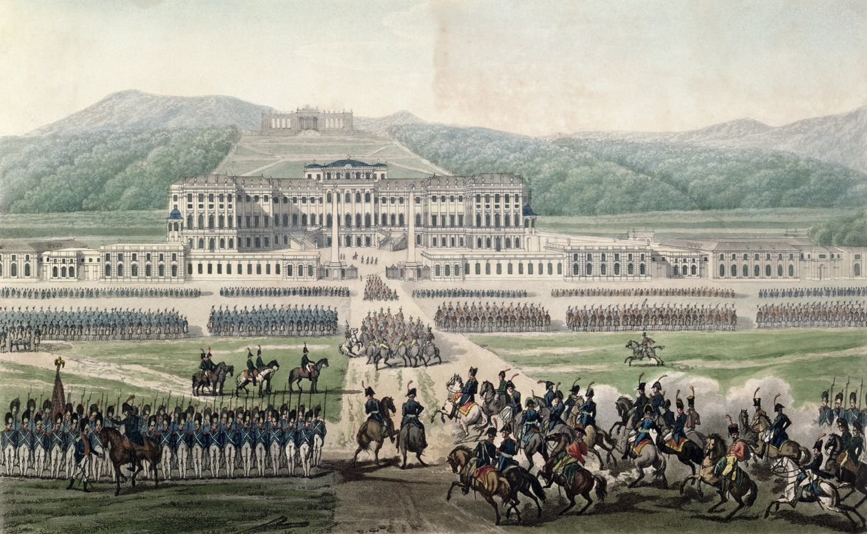 Napoleon Bonapartes (1769-1821) ankomst till Schloss Schonbrunn, graverad av Aubertin, ca 1820 av Alexandre de la Borde