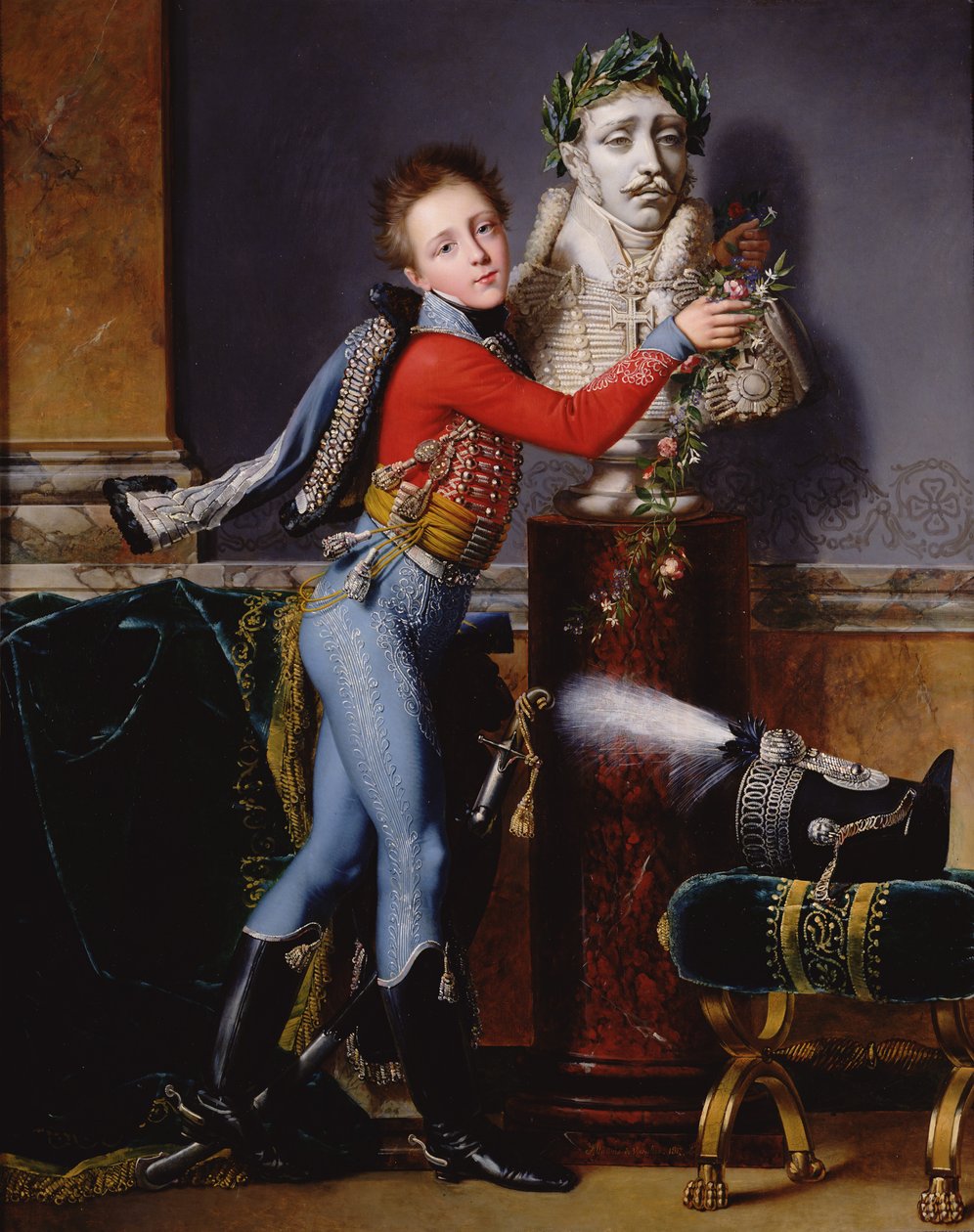 Porträtt av Edouard Cesar de Laborde som dekorerar sin fars byst med blommor, 1817 olja på duk av Alexandre Jean Dubois Drahonet