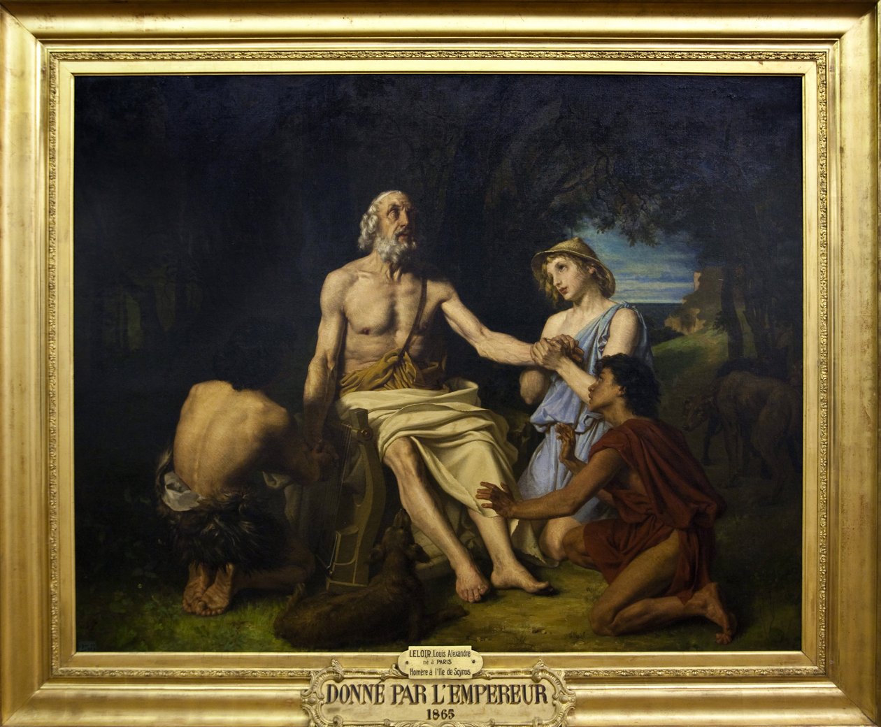 Representation av Homere, grekisk poet från 900-talet f.Kr. på ön Scyros Målning av Jean-Baptiste Auguste Leloir (1809-1892) (Jean Baptiste) 1865 Homer på ön Scyros, målning av Alexandre Louis Leloir av Alexandre Louis Leloir