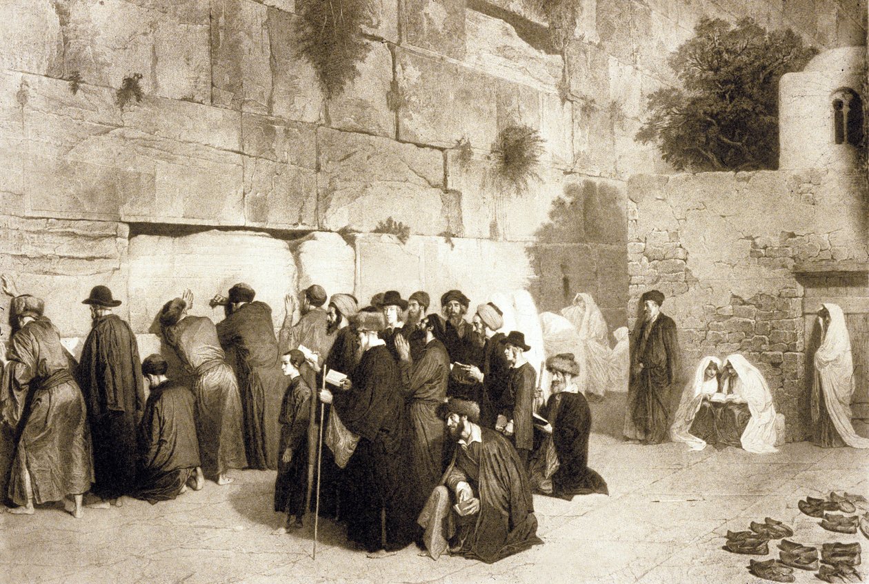 Judiskt folk vid västra muren, Jerusalem, ca 1880 (gravyr) av Alexandre (after) Bida