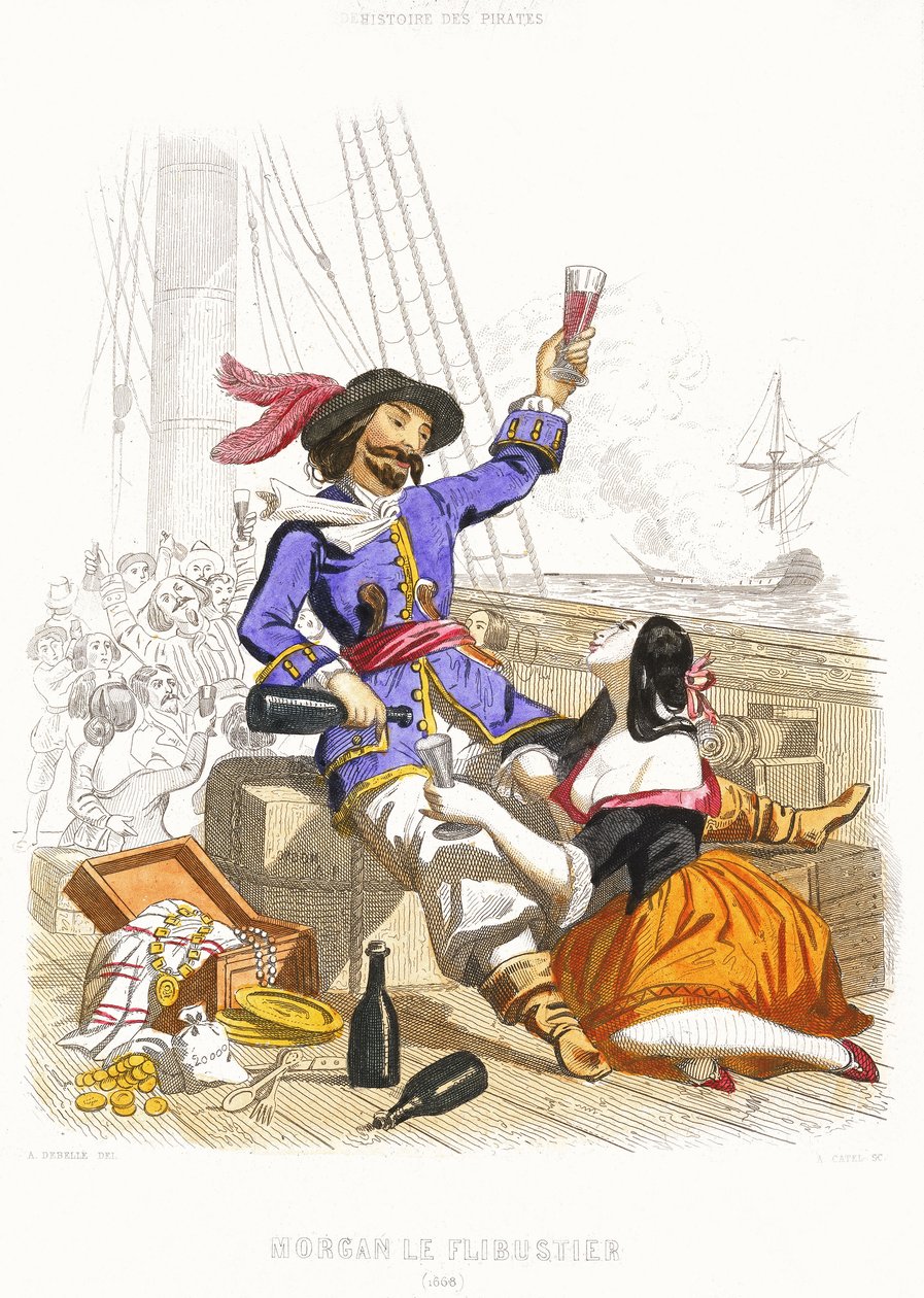 Kapten Henry Morgan frossar i vin och kvinnor på äkta piratmanér, mitten av 1800-talet (kolorerad gravyr) av Alexandre (after) Debelle
