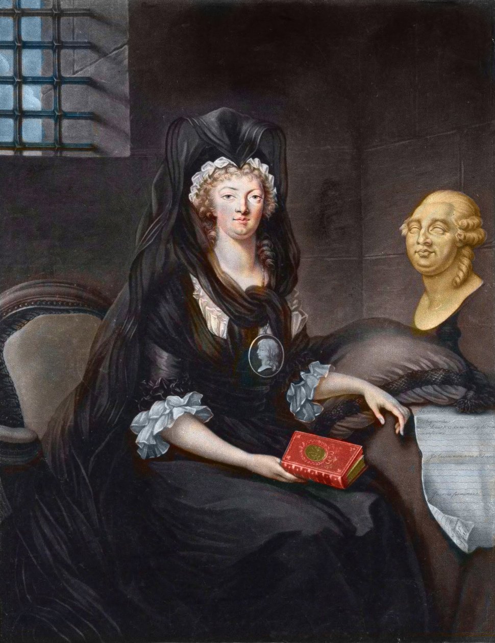 Porträtt av Marie Antoinette (1755-1793) i djup sorg vid templets fängelse (eller "" Marie-Antoinette vid Conciergen, i sorg, med en cameo, hängsmycke som porträtterar Dauphinen, som håller livet av Mary, Queen of Scots , en byst av Luis XVI och Te av Alexandre (after) Kucharski