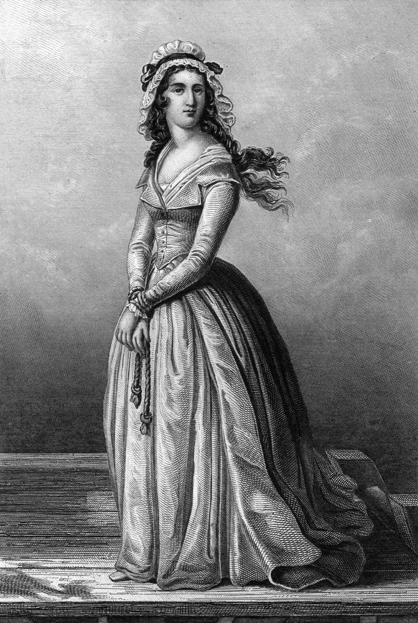 Charlotte Corday (1768-1793) Girondist vid tiden för franska revolutionen, hon mördade Jean Paul Marat den 13 juli av Alexandre (after) Lacauchie