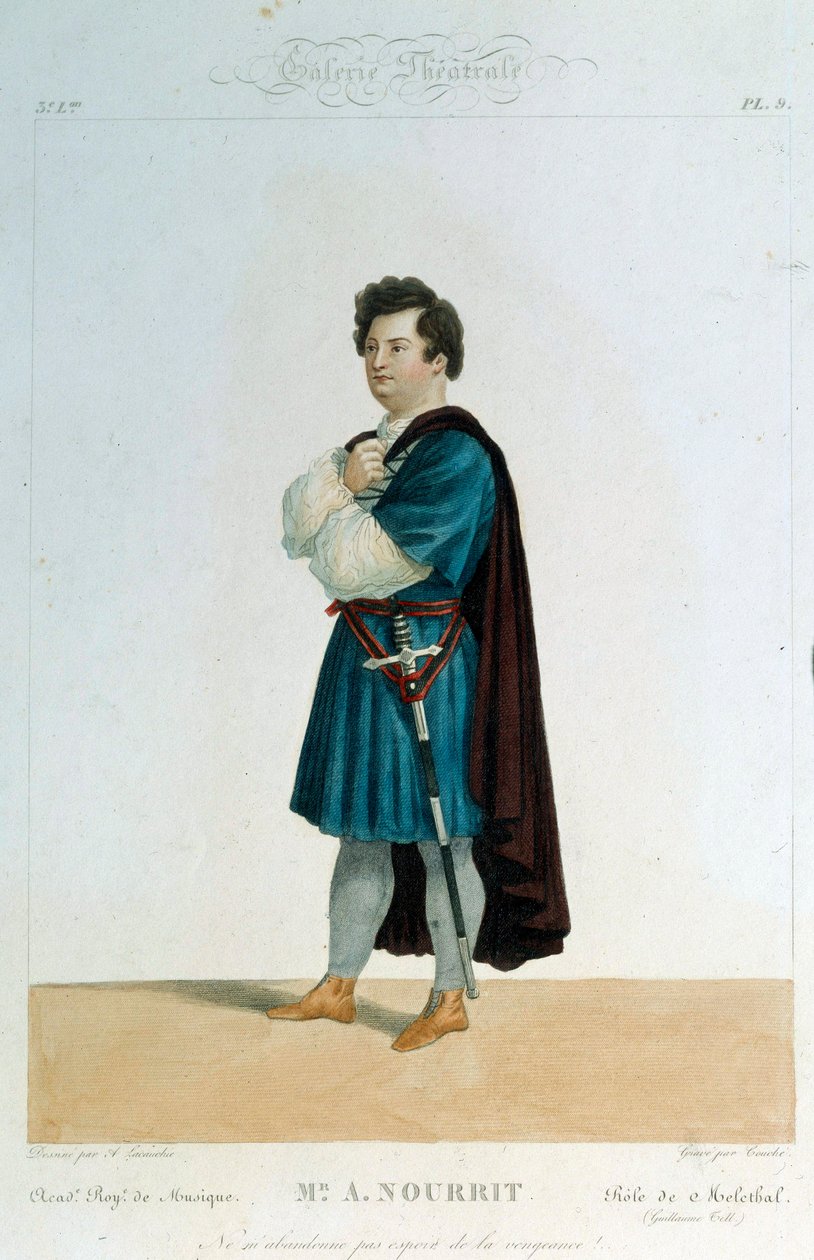 Franske tenoren Adolphe Nourrit (1802-1839) i rollen som Melechtal i operan "Guillaume Tell" (William Tell) av Gioacchino Rossini (1792-1868). Illustration av Alexandre Lacauchie (1800-talet) Paris. Operamuseets bibliotek av Alexandre (after) Lacauchie