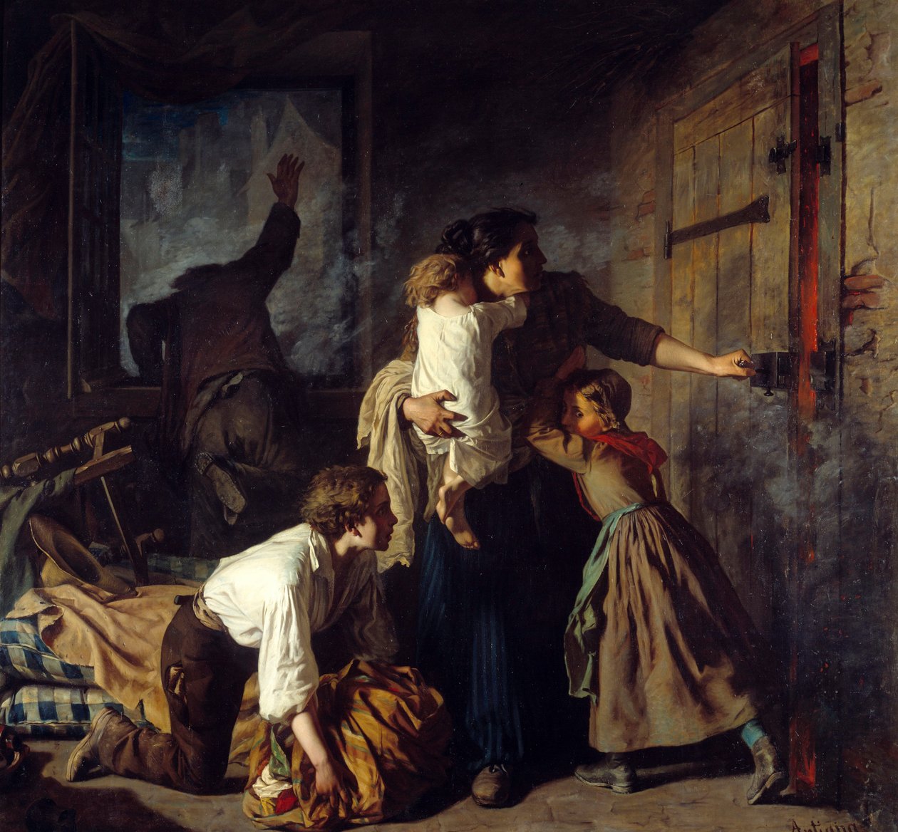 Brandplats. En familj som sitter fast i sin lägenhet försöker undkomma branden i byggnaden. Familjefadern ropar på hjälp från fönstret. Målning av Alexander Antigna (1817 - 1878) av Alexandre Antigna