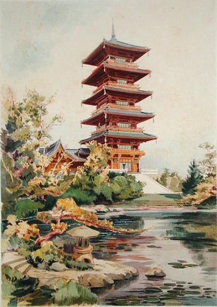 Japanska tornet i den kungliga parken i Laeken, Belgien, från Orientalisme et Architecture Contemporaine, graverad av Jules Adolphe Chauvet (f.1828) (se även 171915, 172965, 172990) av Alexandre Auguste Louis Marcel