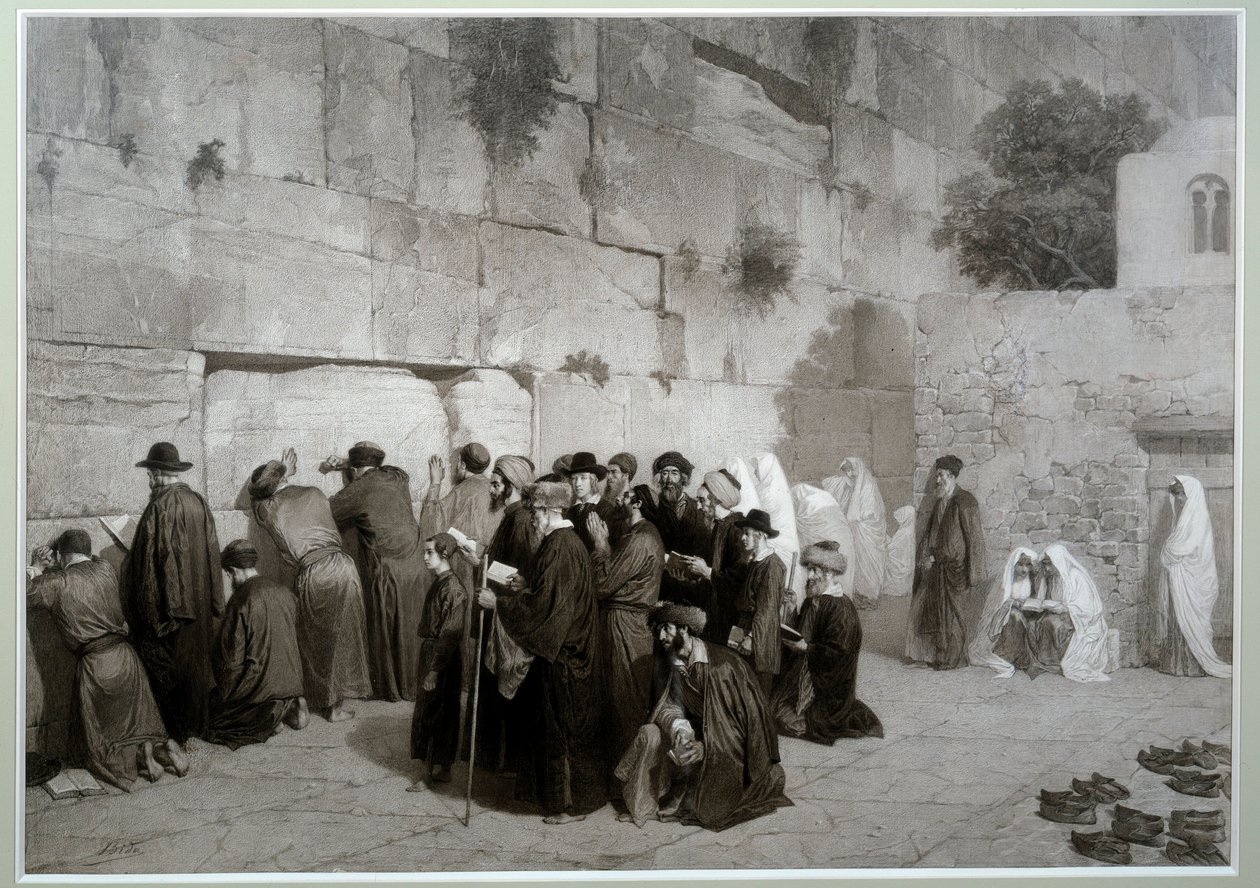 Judendom: "" Salomos mur""" Män och kvinnor av judisk religion som ber inför klagomuren. Före 1857. Teckning av Alexandre Bida (1823-1895), tvätt, penna och penna på papper, Dim. 0,61x0,87 m Malmaison, slottets museum av Alexandre Bida