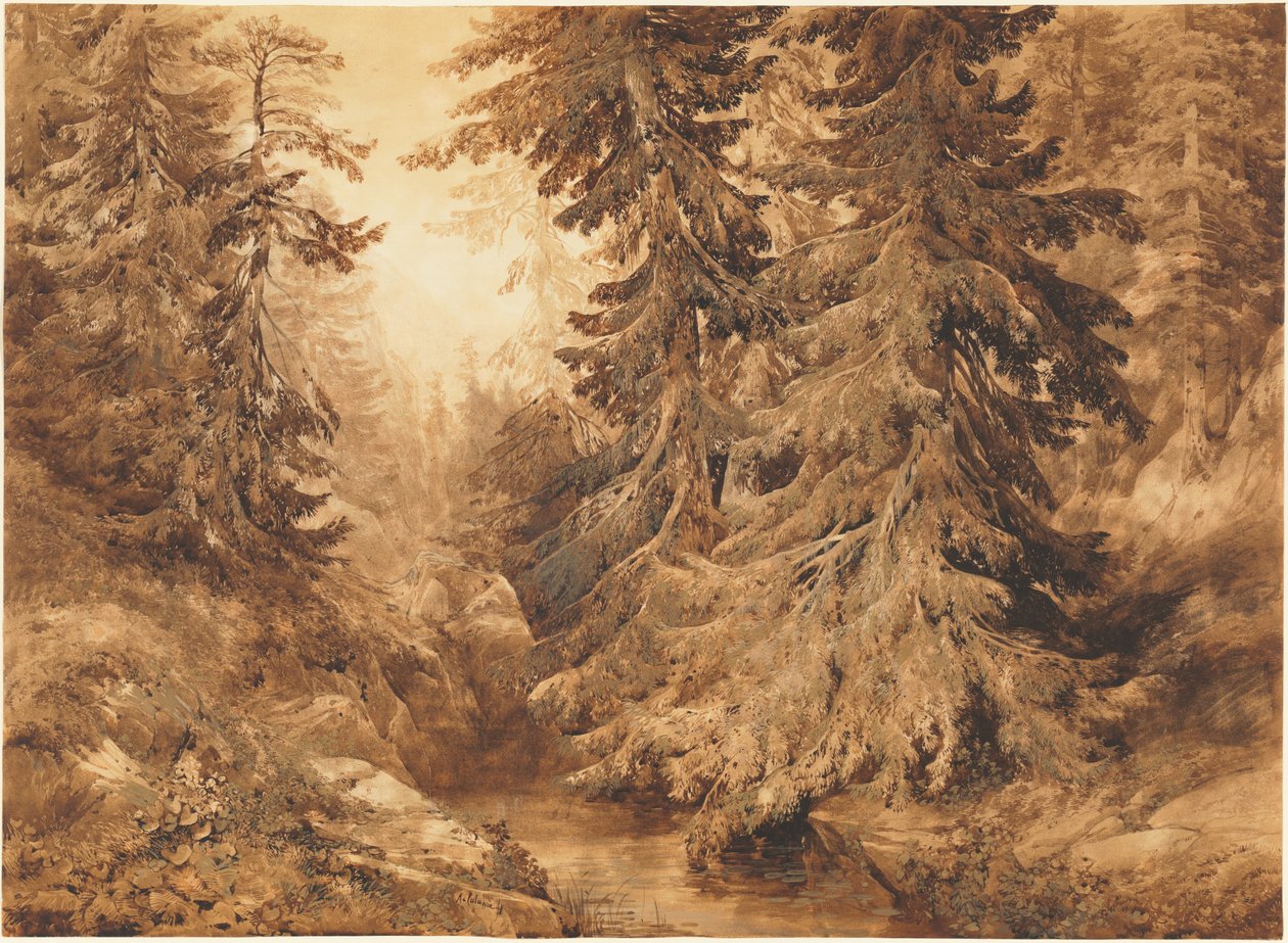En uråldrig tallskog med en bergsbäck av Alexandre Calame