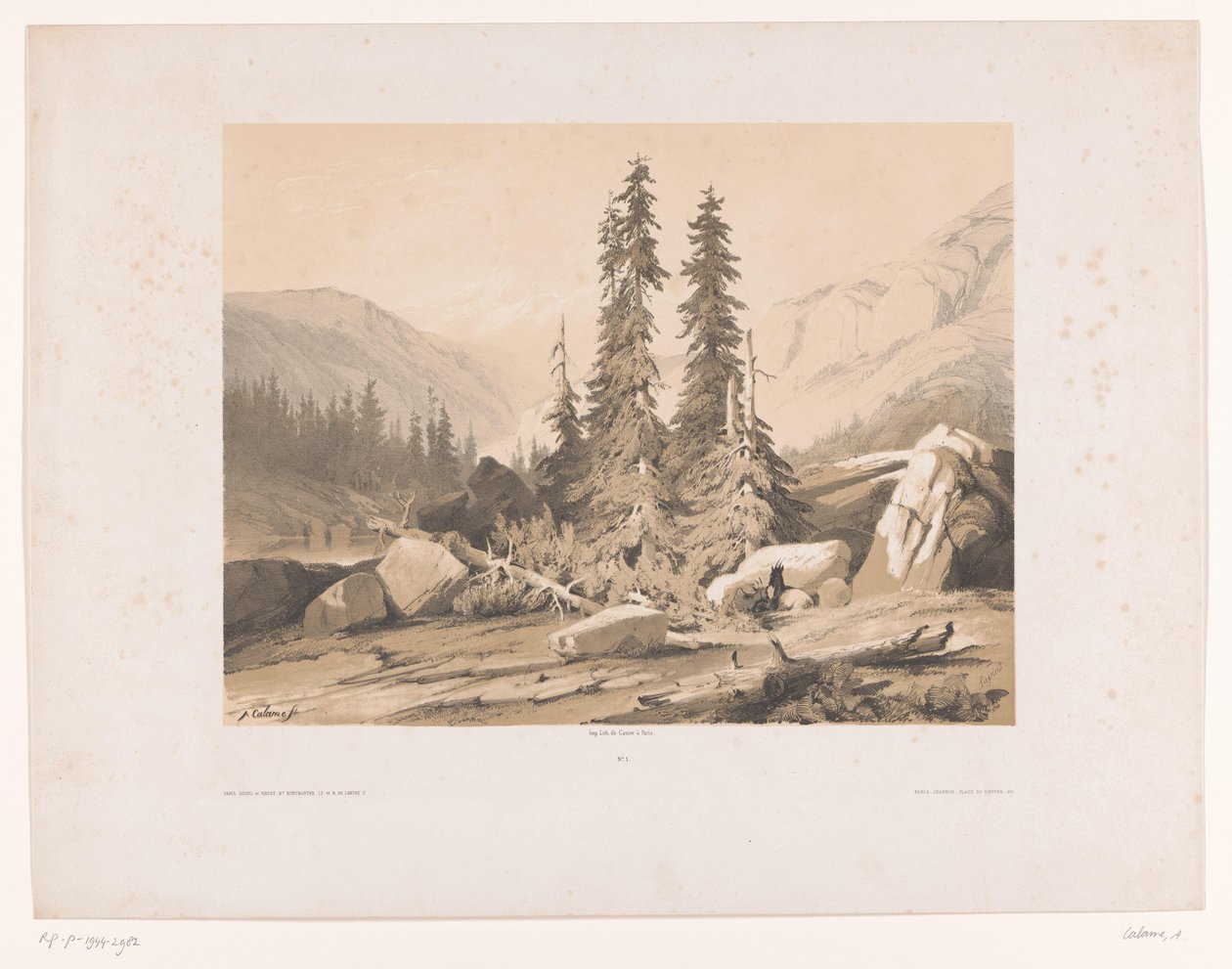 Berglandskap med granar och bergsgetter Sapins (titel på objekt) av Alexandre Calame