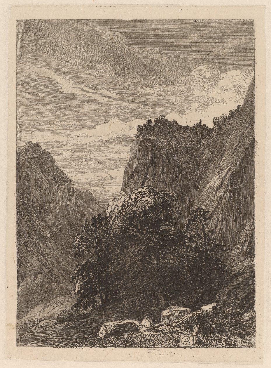 Träd vid foten av en klippa av Alexandre Calame