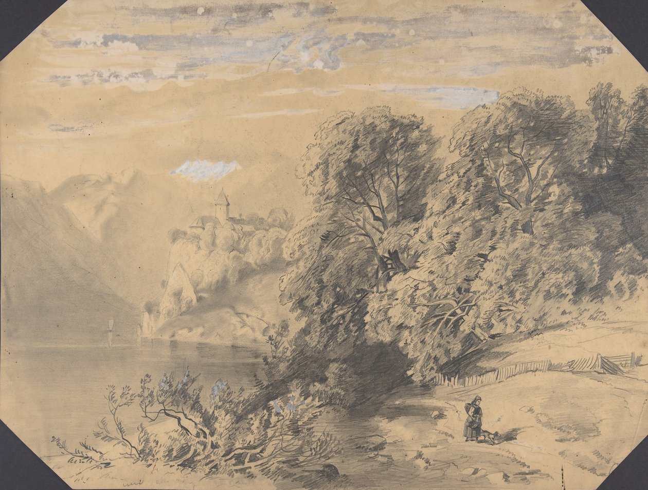 Kvinna med hund vid en fjällsjö, tidigt till mitten av 1800-talet. av Alexandre Calame