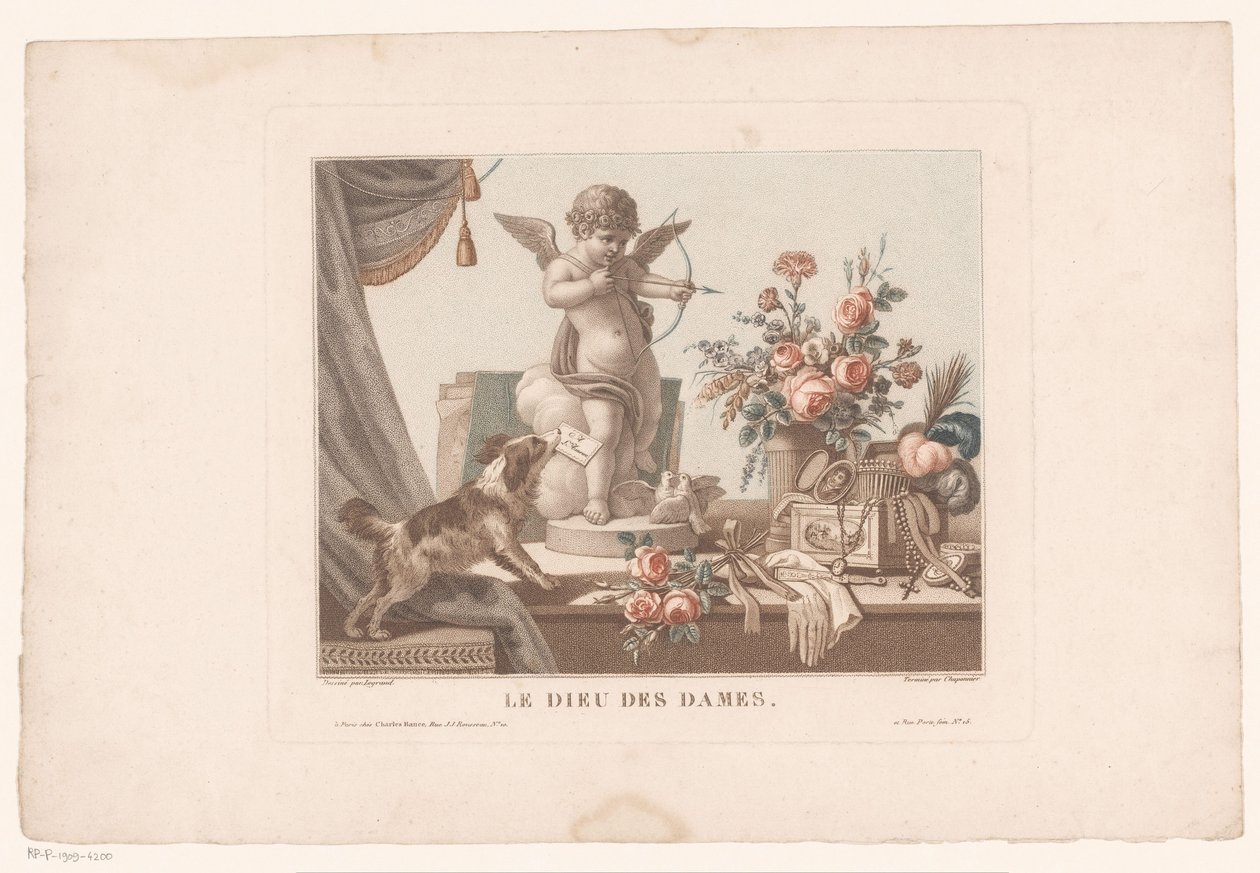 Stilleben på ett bord med en hund och en staty av Amor Le Dieu des ladies. (titel på objekt) av Alexandre Chaponnier