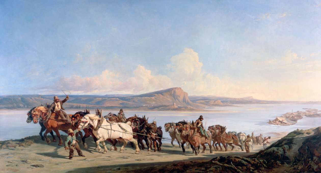 Fastsättning av hästar som drar båtar nerför Rhone, c1825-1870 av Alexandre Dubuisson