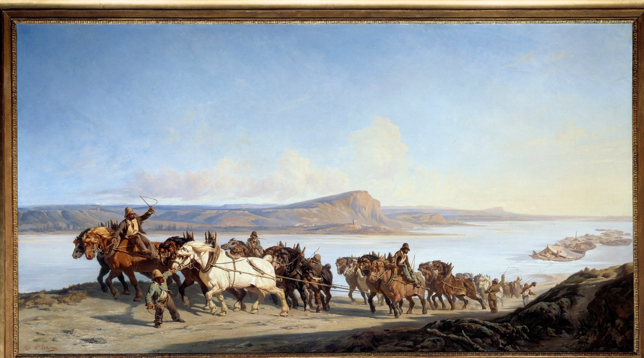 Bogsering "" Hitch of horses serve boat lifts on the Rhone"" Målning av Alexandre Dubuisson (1805-1870) 1843 Lyon, Musee des Beaux Arts av Alexandre Dubuisson