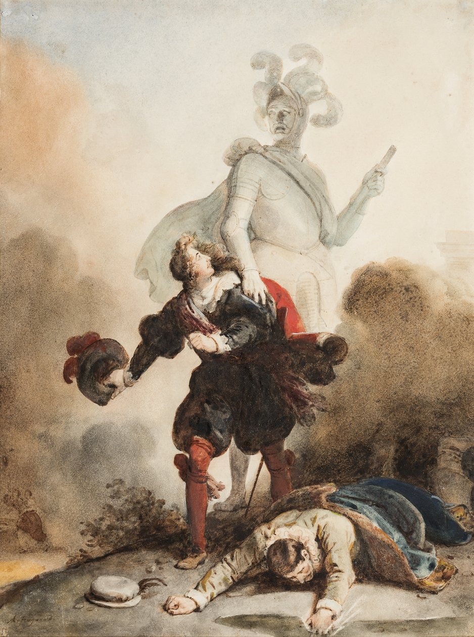 Don Juan et Leporello rencontrent la statue du Commandeur au cimetière (grafit, penna och brunt bläck med akvarell på papper, förhöjd med gummi arabicum) av Alexandre Evariste Fragonard
