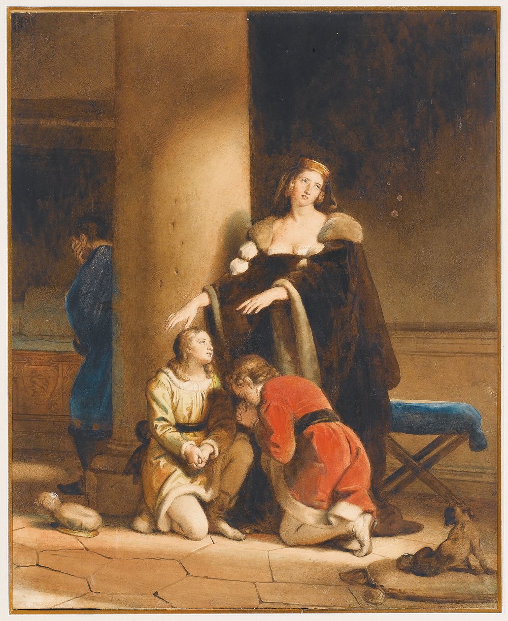 Elisabeth Woodville, drottning av England, tar farväl av sina söner Edward V och Richard, hertig av York, med en sörjande man bakom en kolumn av Alexandre Evariste Fragonard