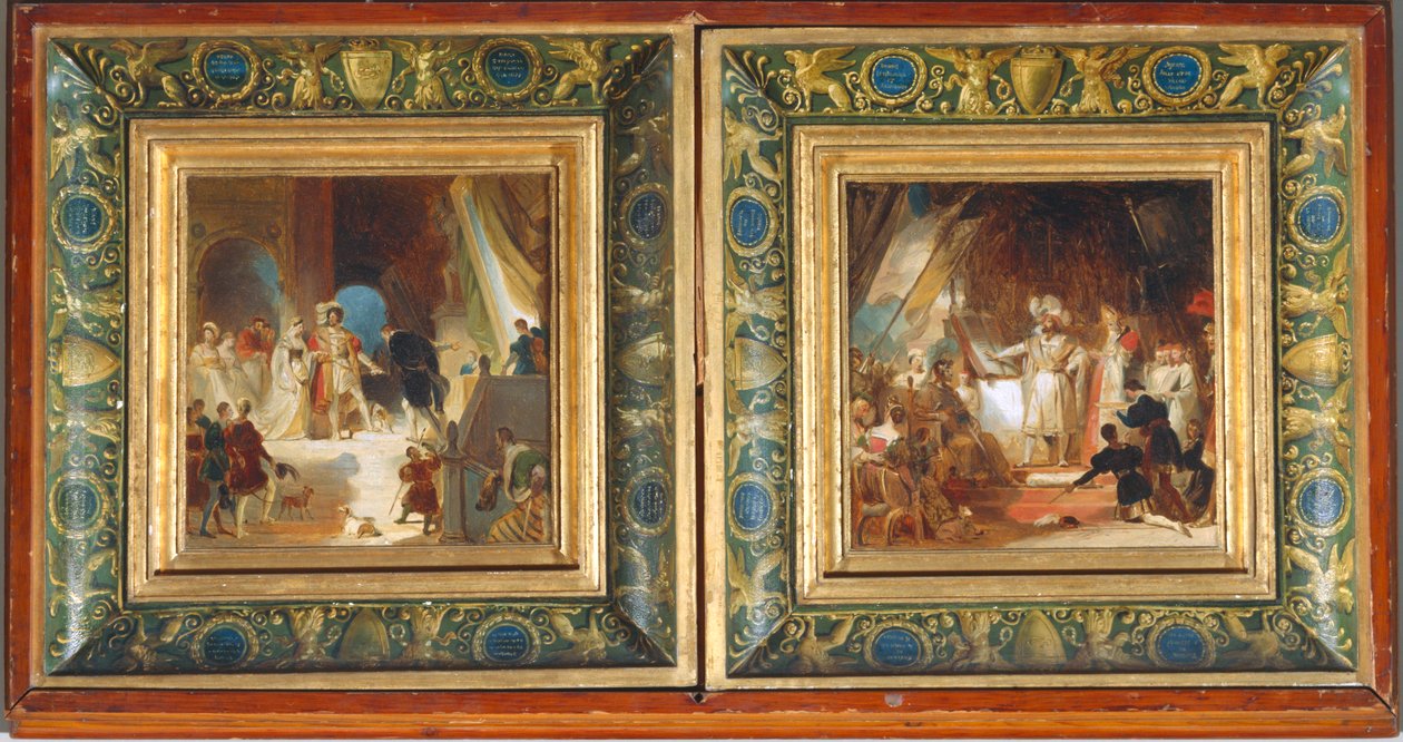 Franciskus I och hans hov tar emot verk från Italien av Primaticcio - Franciskus I adlad av Bayard ... av Alexandre Evariste Fragonard