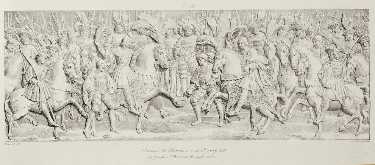Möte mellan Francois I och Henrik VIII på Guldtygets fält, efter den snidade stenreliefen på Hotel de Bourgtheroulde, Rouen, Normandie, 1501-37, graverad av Godefroy Engelmann (1788-183) av Alexandre Evariste Fragonard