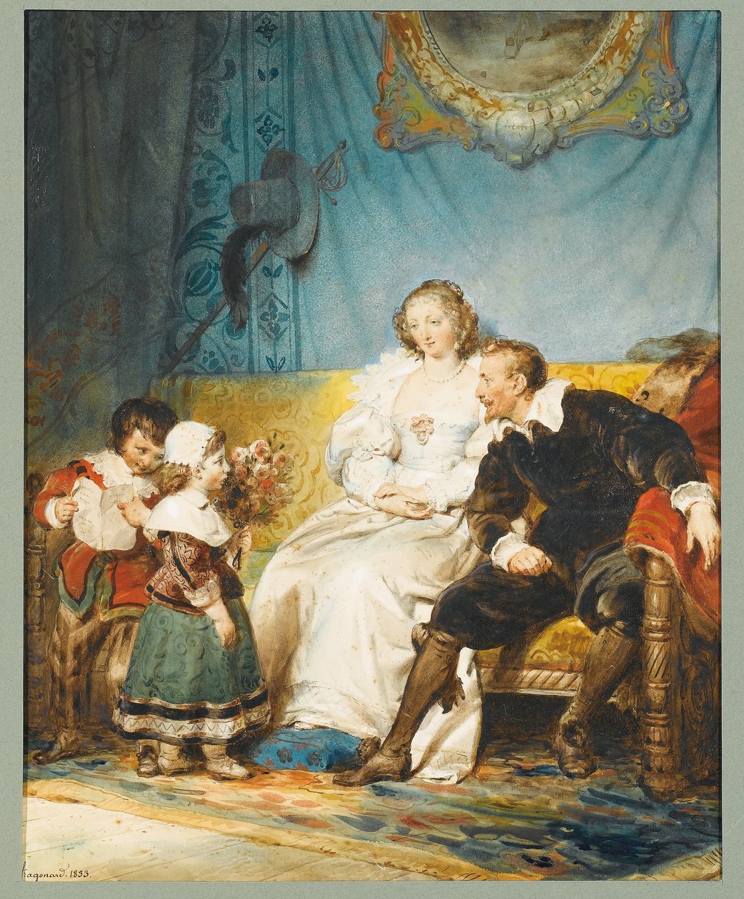 Rubens och Hélène Fourment sitter med Frans som håller ett brev och Isabelle Hélène ger dem en bukett rosor av Alexandre Evariste Fragonard