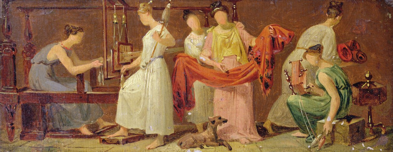 Sex kvinnor som väver in en interiör (olja på papper på panel) av Alexandre Evariste Fragonard