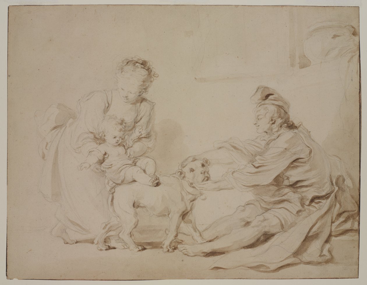 Den första ridlektionen (La première leçon déquitation), ca 1778 (grafit och brun tvätt på antikt papper) av Alexandre Evariste Fragonard