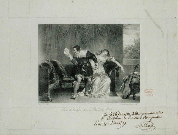 Brevscenen från operan Barberaren i Sevilla av Rossini graverad av Villain de Sevres av Alexandre Evariste Fragonard