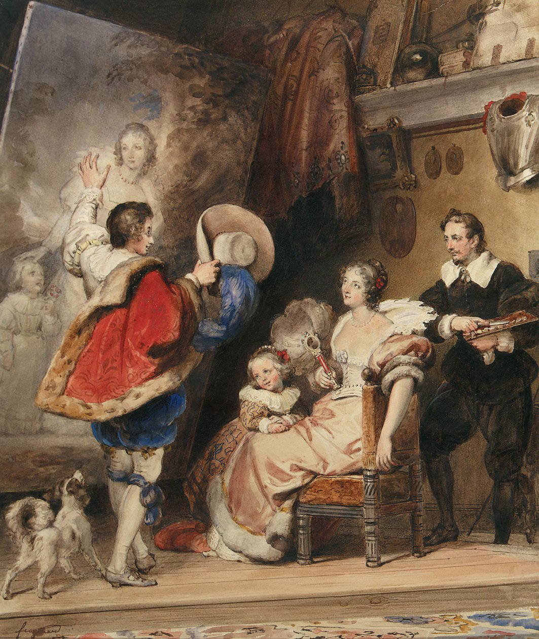 Ung man som beundrar ett porträtt av en dam och hennes lilla dotter av Alexandre Evariste Fragonard
