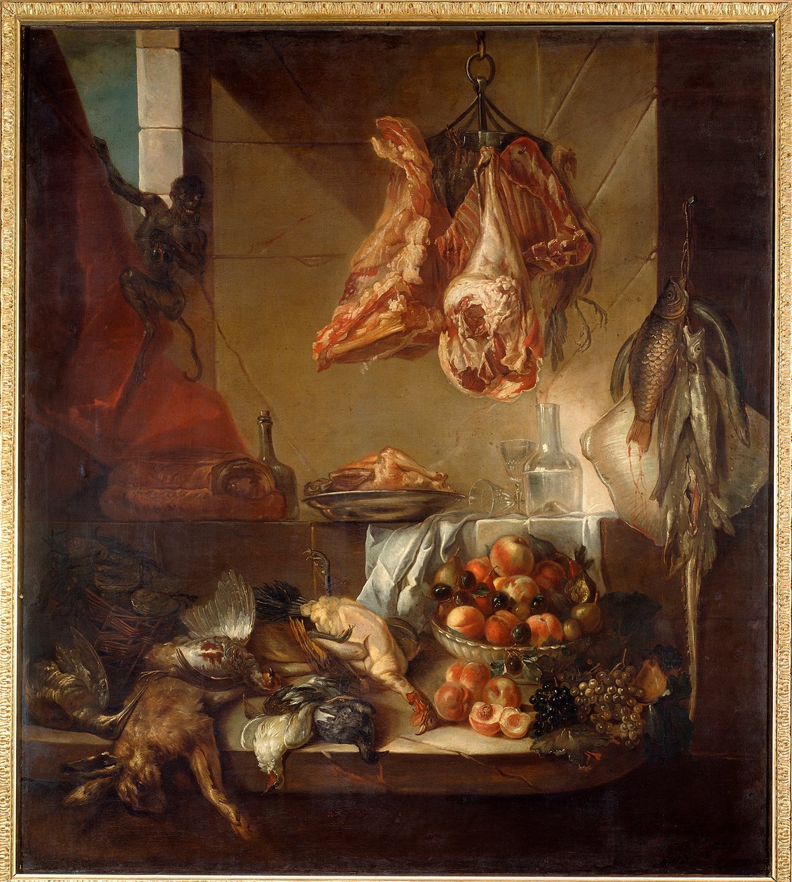 Ett köksinredningsstilleben av vilt, frukt och kött. Målning av Francois Desportes (1661-1743) Chalons sur Marne från 1700-talet, Musee des Beaux Arts av Alexandre Francois Desportes