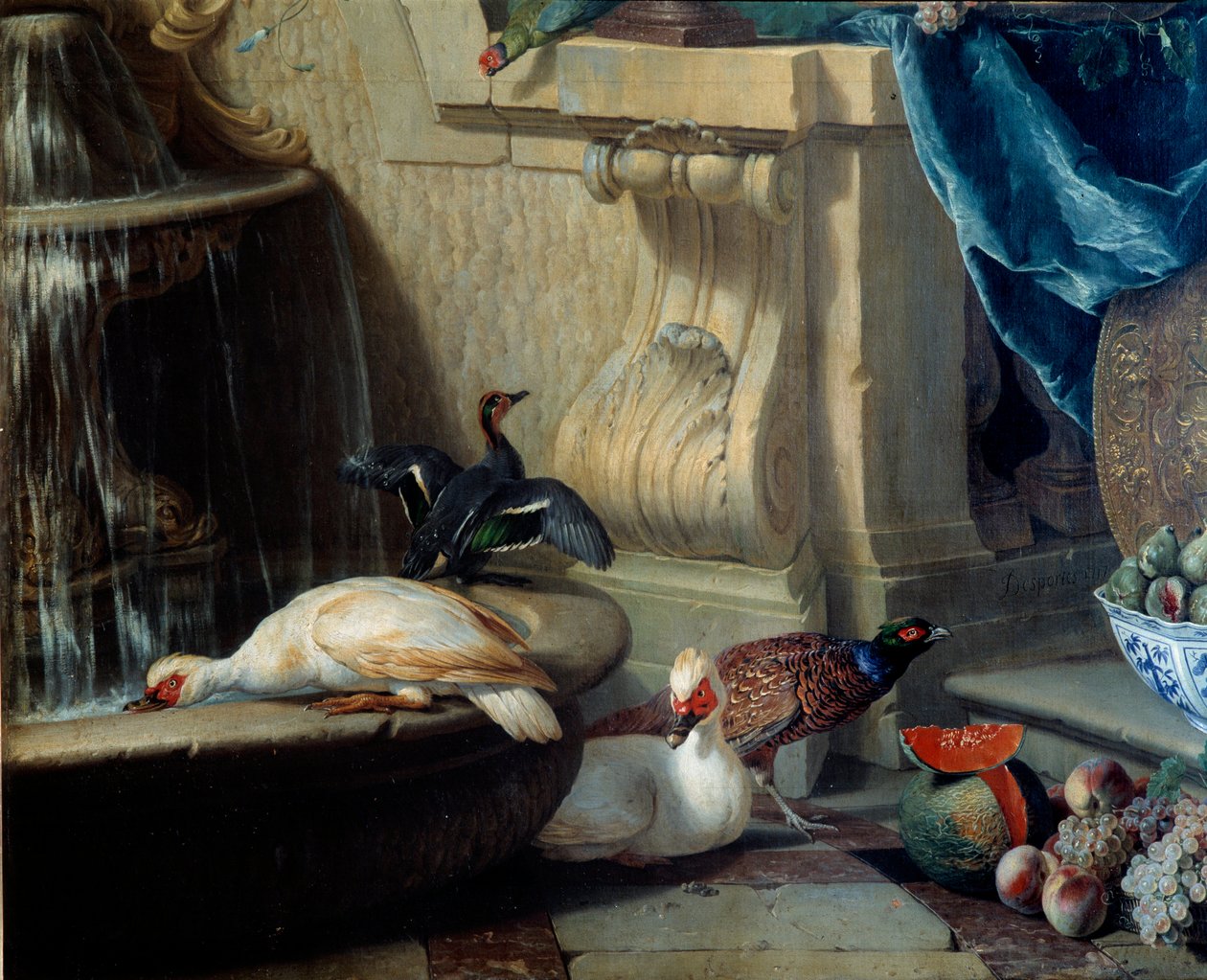 Ankor, fasan, frukt nära en fontän Detalj. målning av Francois Desportes (1661-1743) 1700-talets Lyon, Musee des Beaux Arts av Alexandre Francois Desportes