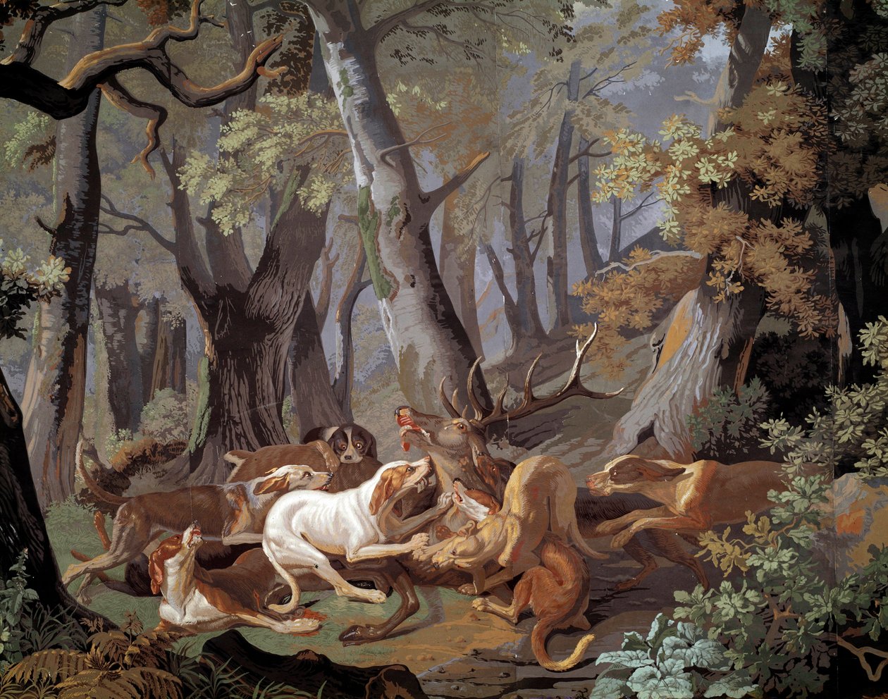 Stag Hunting Dussy tapet efter en målning av Alexandre-Francois Desportes (1661-1743). 1851. Paris, Dekorationskonst av Alexandre Francois Desportes