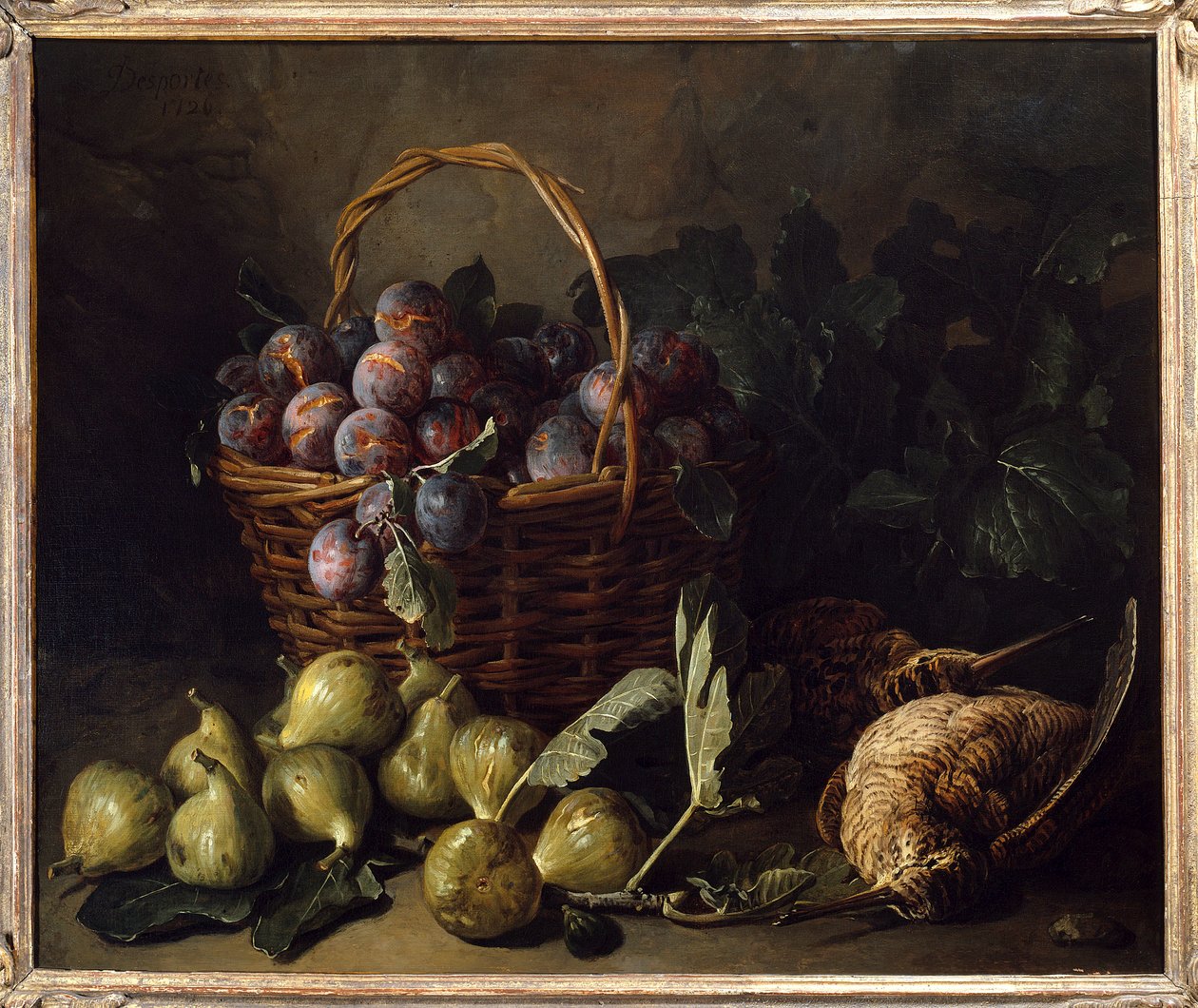 Stilleben, fikon och plommon målning av Francois Desportes (1661-1743) 1700-talets Paris, dekorativ konst av Alexandre Francois Desportes
