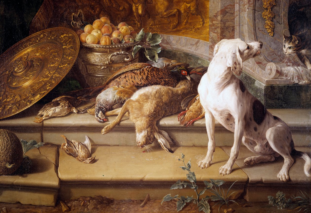 Stilleben Jakthund, vilt (hare, fasan, rapphöna) Detalj. Målning av Francois Desportes (1661-1743) Gien från 1700-talet, jaktmuseum av Alexandre Francois Desportes