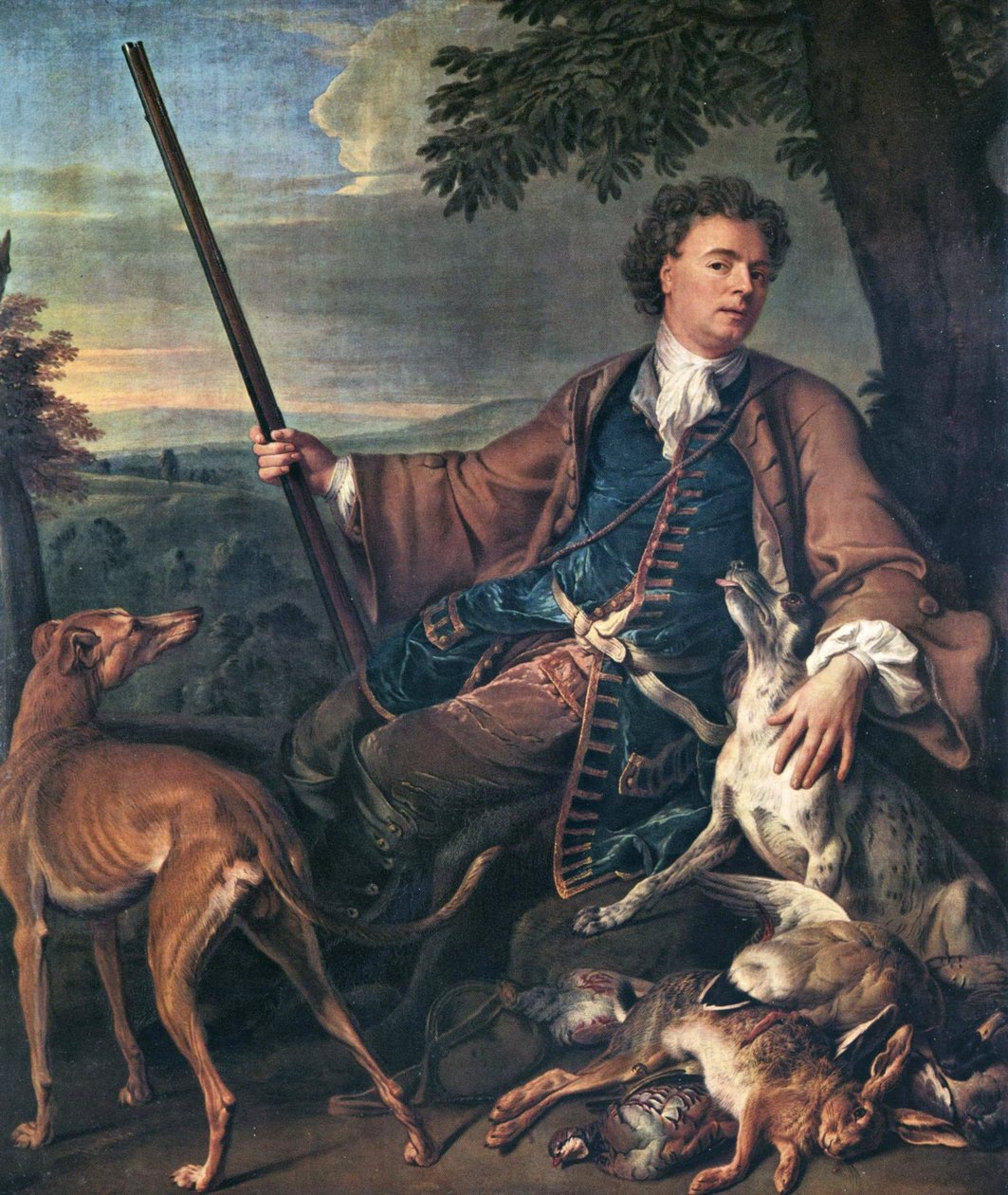 Franska: Portrait de M. Desportes peint par lui-même avec du gibier mort à ses pieds (Porträtt av konstnären som jägare) Självporträtt i jaktdräkt av Alexandre Francois Desportes