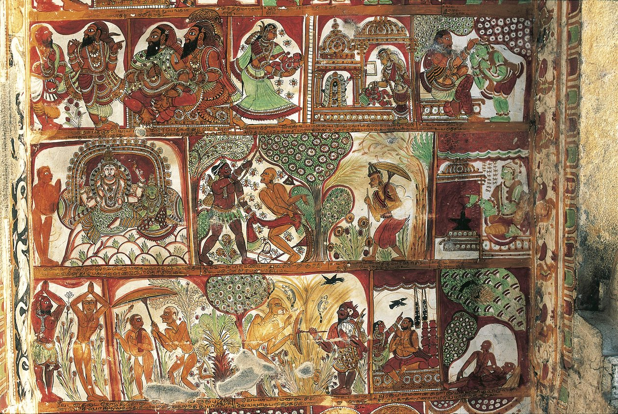 Fresker som skildrar Shivas liv i helgedom för Parvati, Nataraya-templet, Chidambaram, Tamil Nadu, Indien, 500-talet av Nicolas Toussaint Charlet